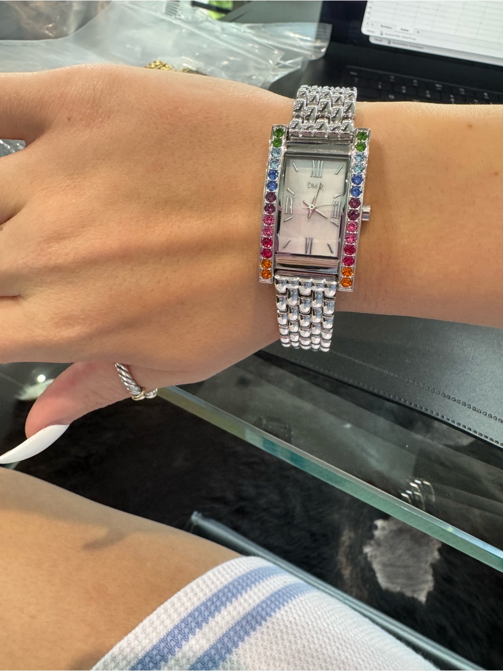 New Dmq Diamonique Rainbow Crystal SilverTone Tank Watch